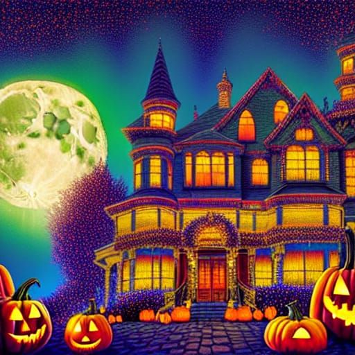 Halloween Mansion with Pumpkins and Bats