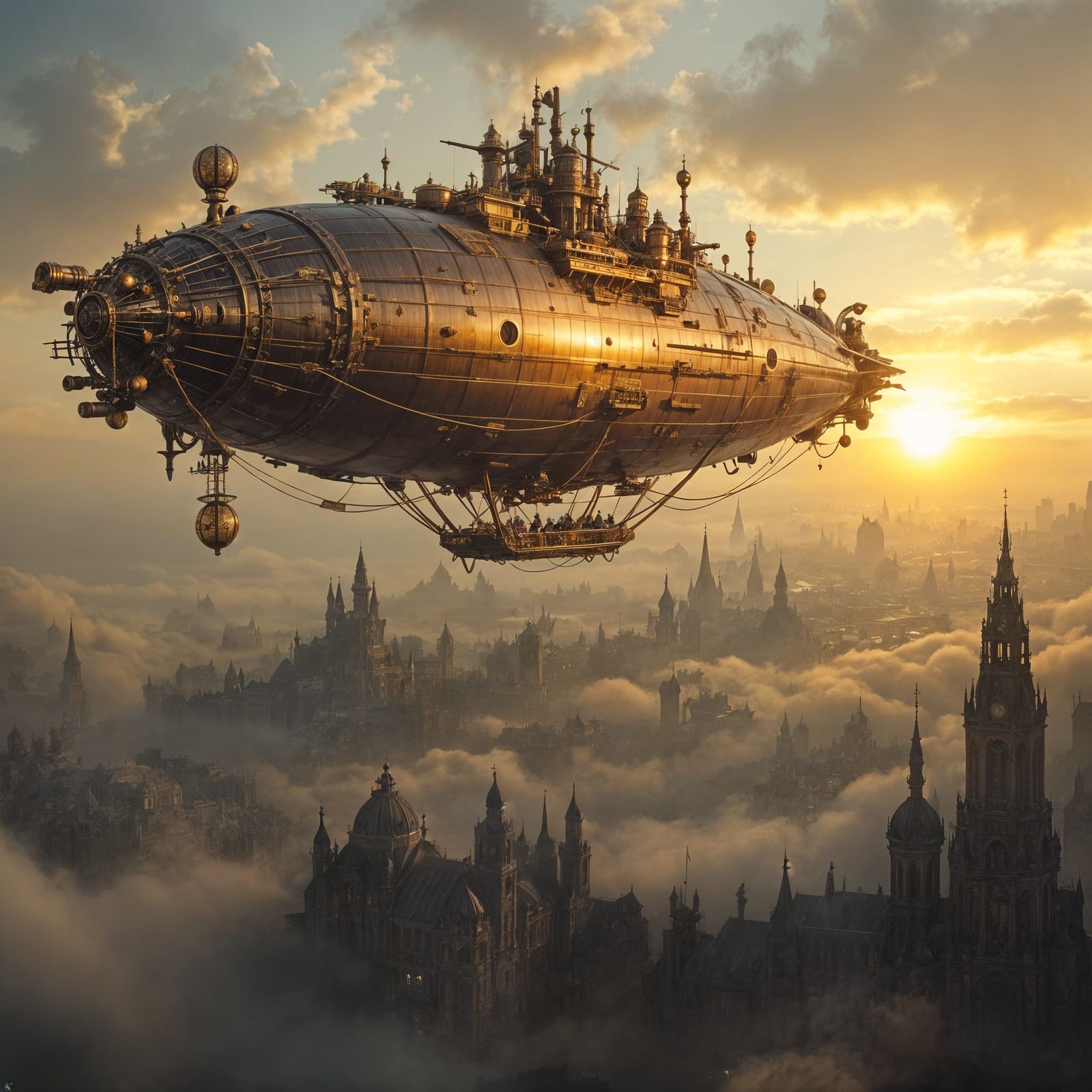 Steampunk Airship Soaring Over Victorian Cityscape
