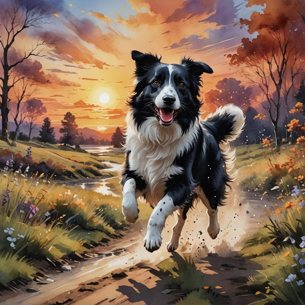 Happy Border Collie Running at Sunset: Watercolor Painting