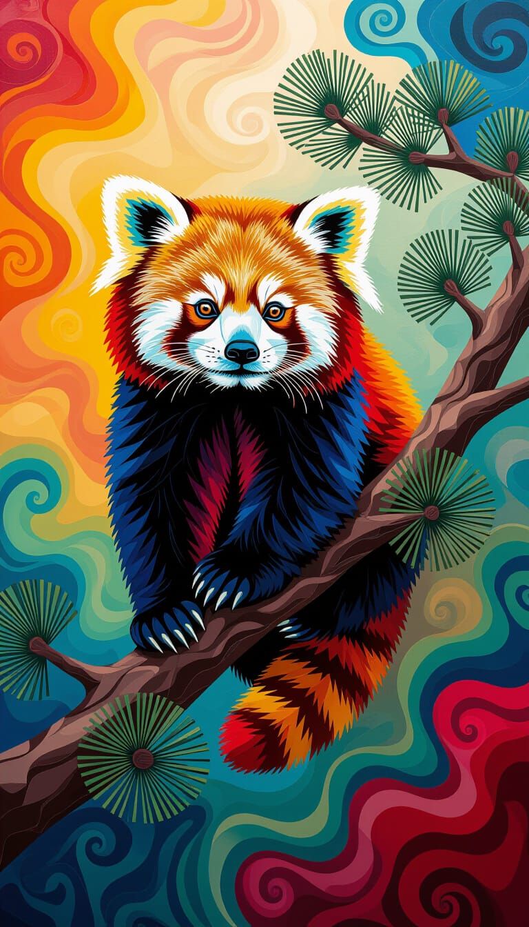 Red Panda Climbing Pine Branch in Surreal Impasto Style