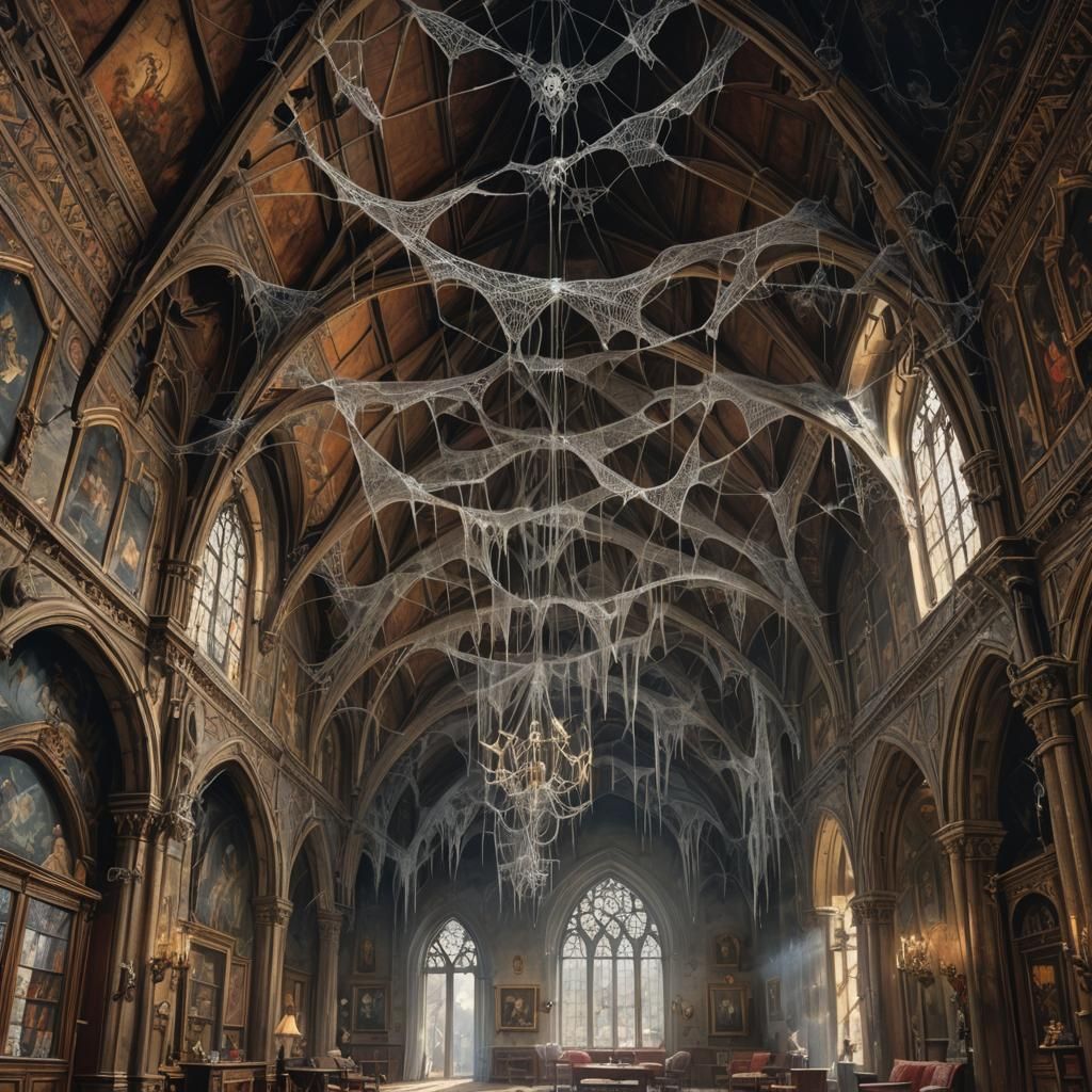 Sinister Gothic Interior with Cobwebs and Tapestries