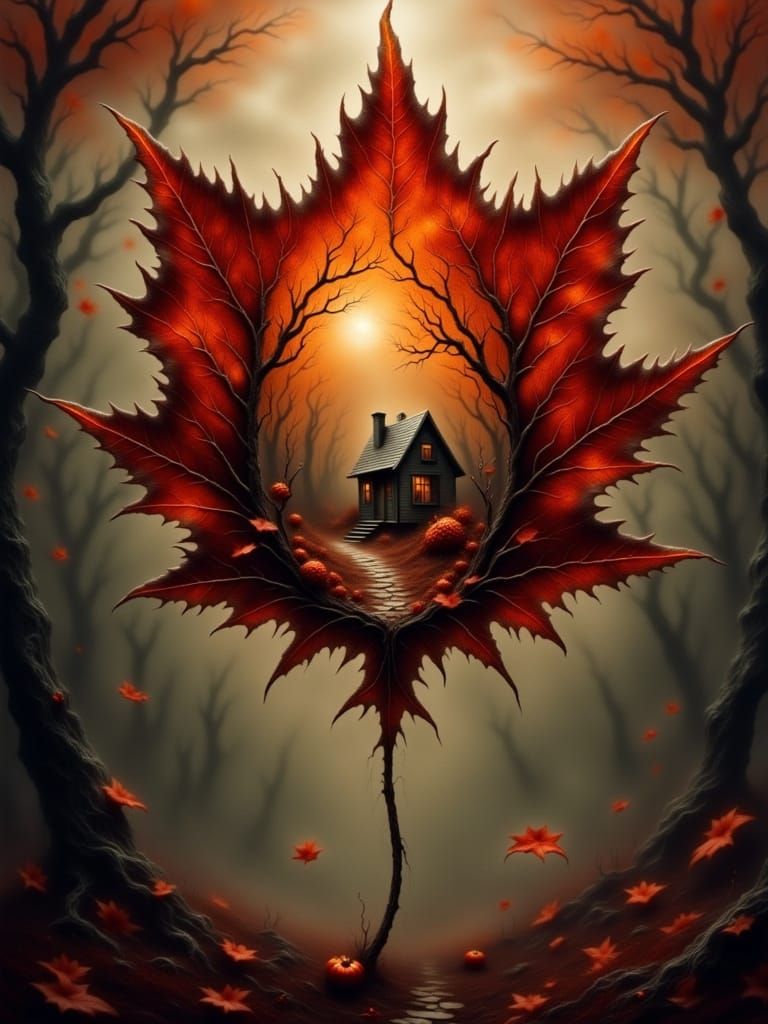 Miniature Autumn Cabin Inside Maple Leaf