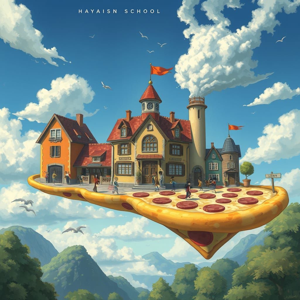 Floating Pizza School in Whimsical Anime Style
