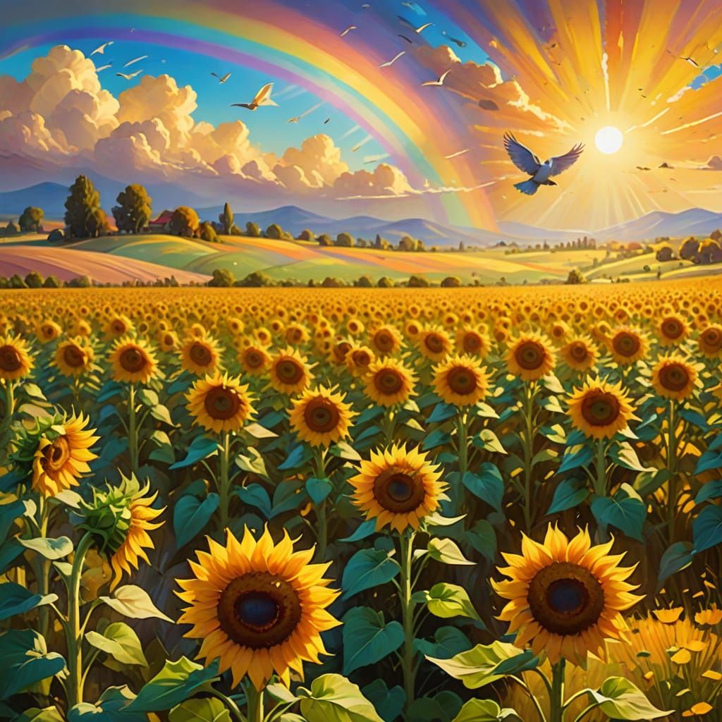 Vibrant Rainbow Over Sunflower Field with Dove
