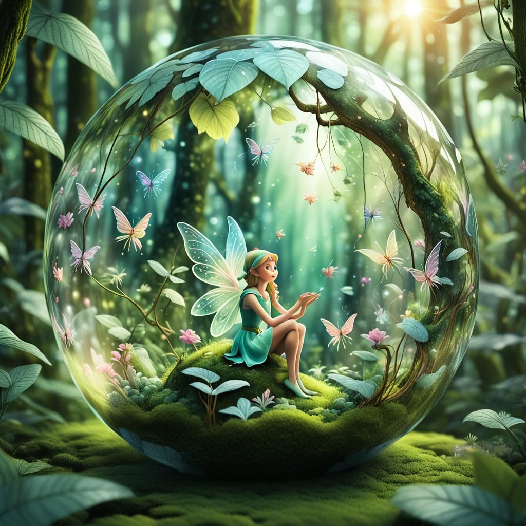 Elf Fairy in Rainforest Glass Sphere, Whimsical 3D Art