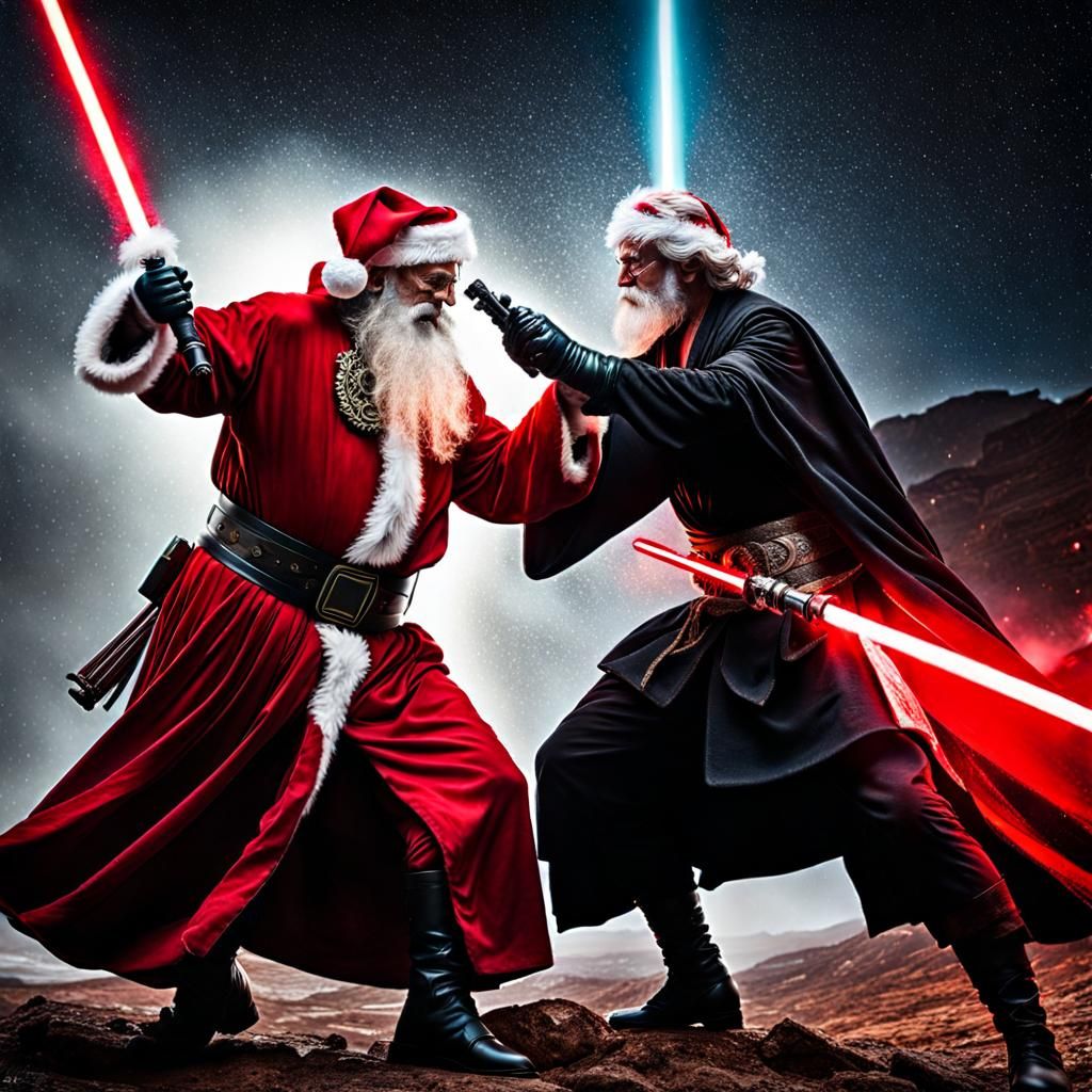 Santa Claus Jedi Duel with Lightsabers, Dramatic Lighting