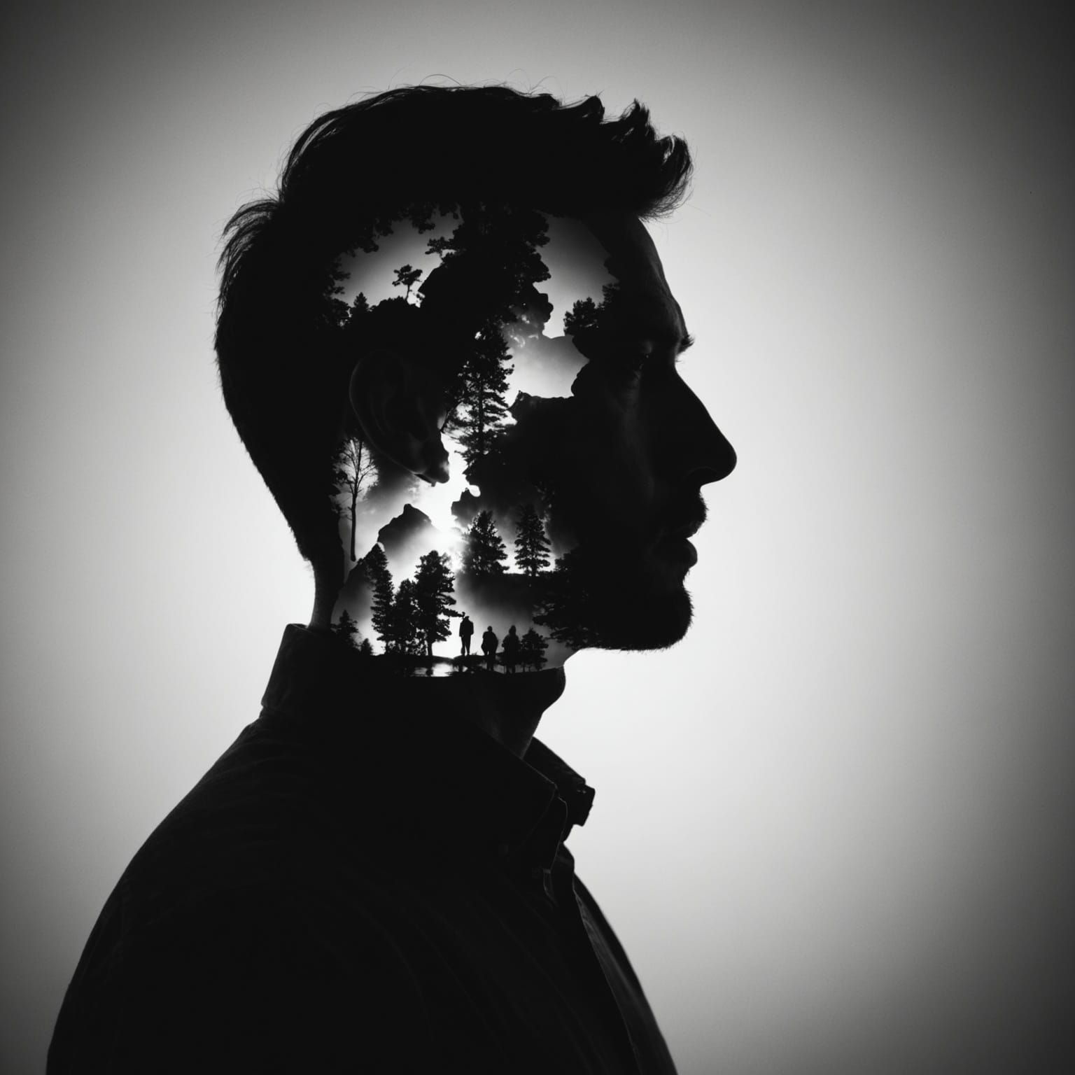 Serene Silhouette in Forest Double Exposure