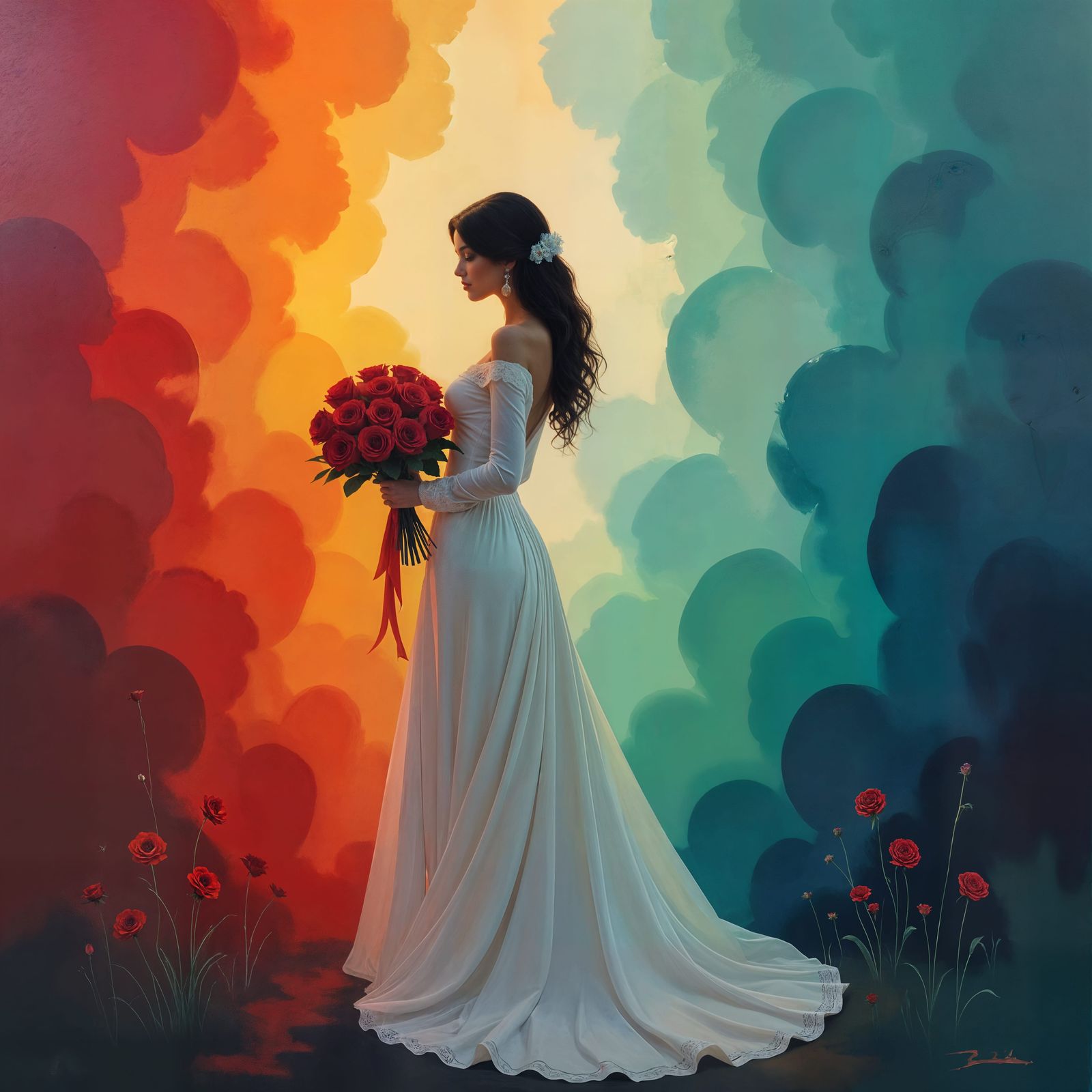 Dreamlike Woman with Roses in Abstract Expressionism