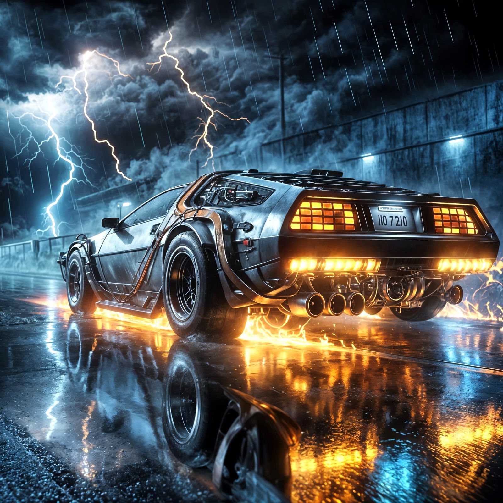 Retro-Futuristic Time Machine Races Through Stormy Night