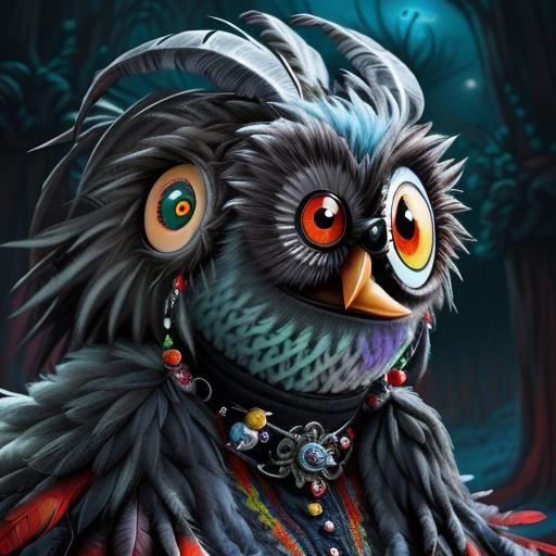 Googly-Eyed Baby Owl in Whimsical Fairytale Scene