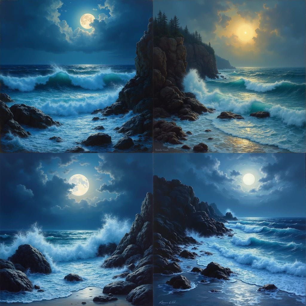 Stormy Ocean at Night: Crashing Waves in Oil