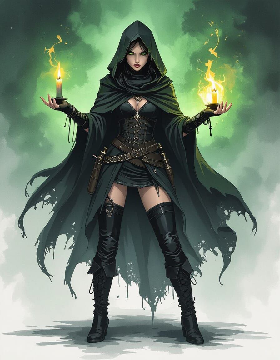 Shadow Sorceress Casting Spell in Watercolor and Ink Style