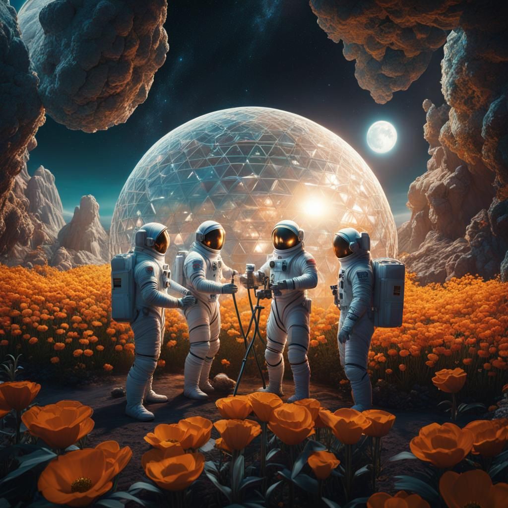 Astronauts Tend Lunar Flowers in Geodesic Dome