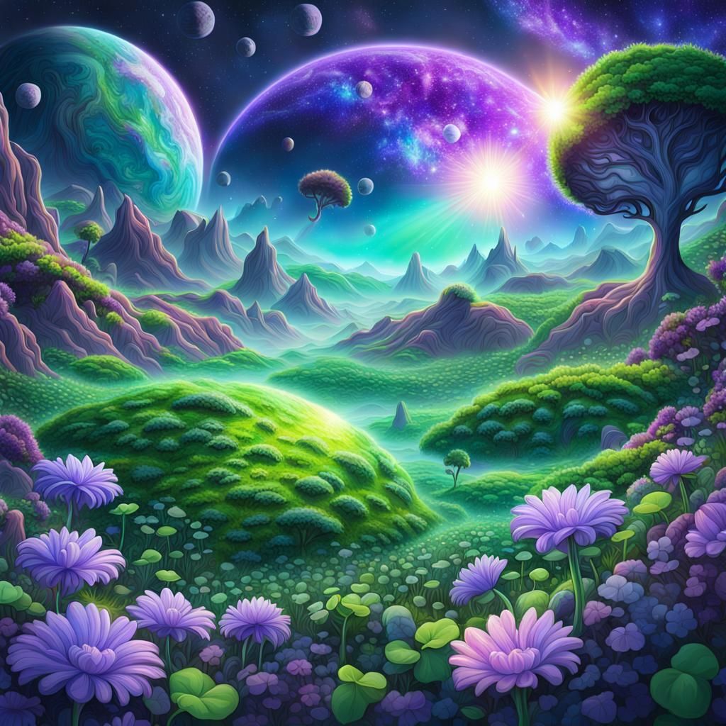 Lush Alien Planet with Clover and Violet Blossoms