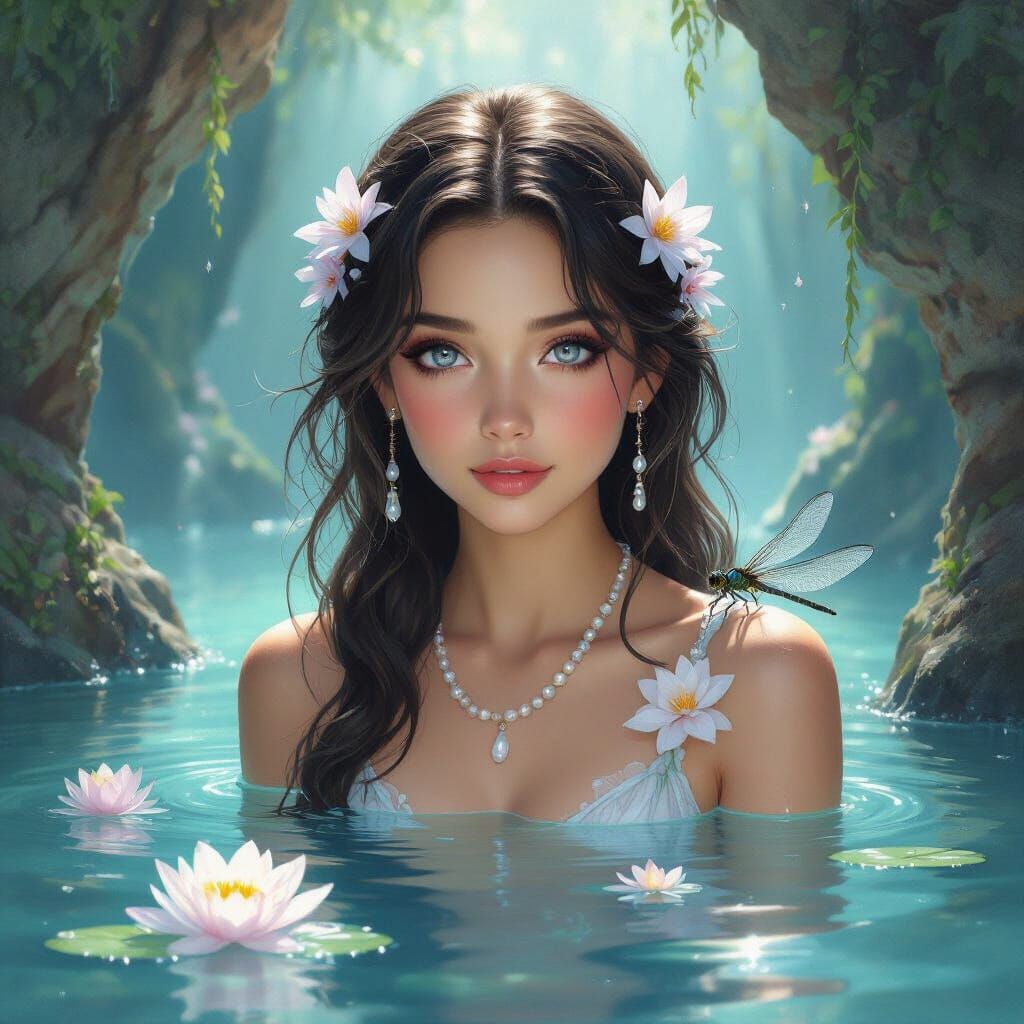 Violet-Eyed Nymph in Grotto: Dreamy Oil and Ink Art