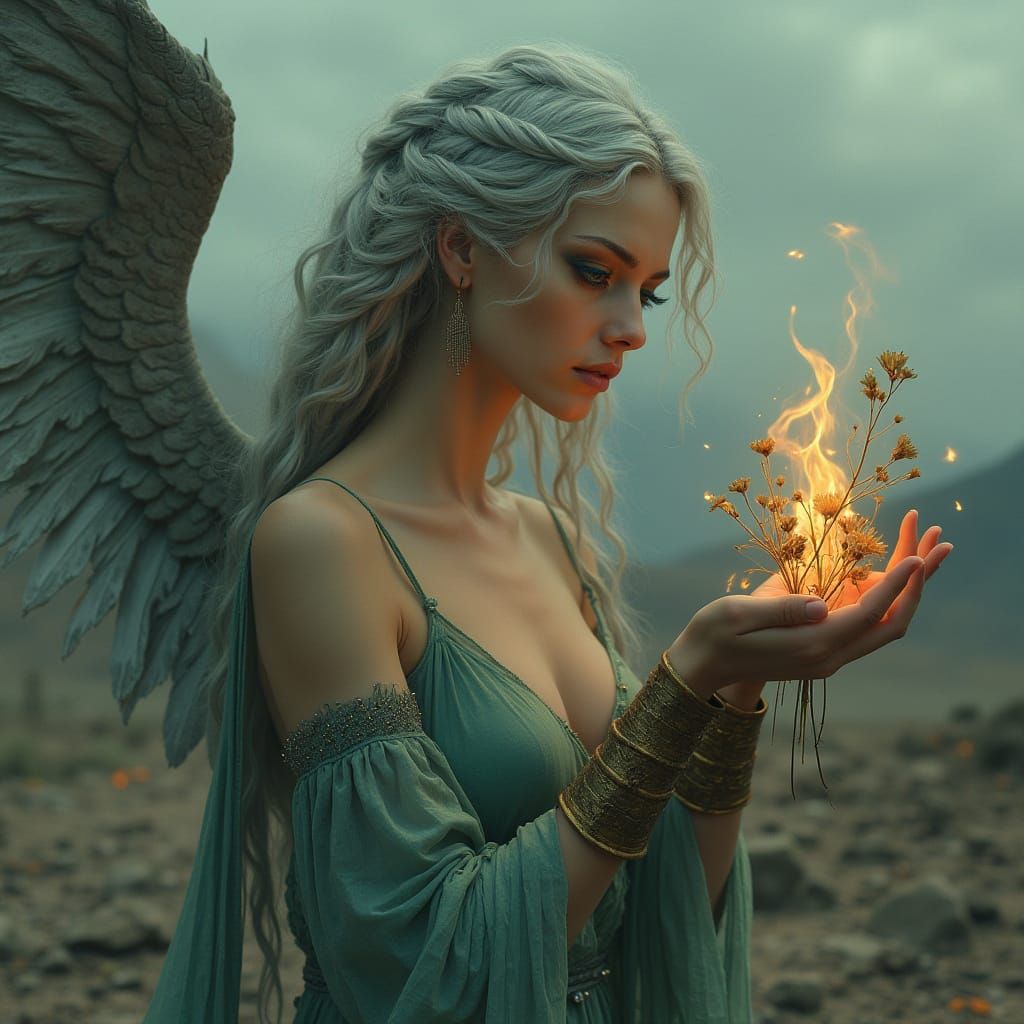 Sorrowful Goddess in Desolate Landscape