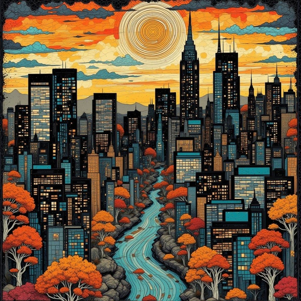 Kintsugi Mosaic Cityscape at Sunset in Art Nouveau Style
