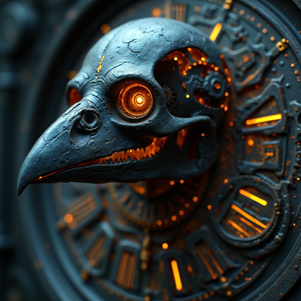 Raven Skull with Clockwork Gears and Runes