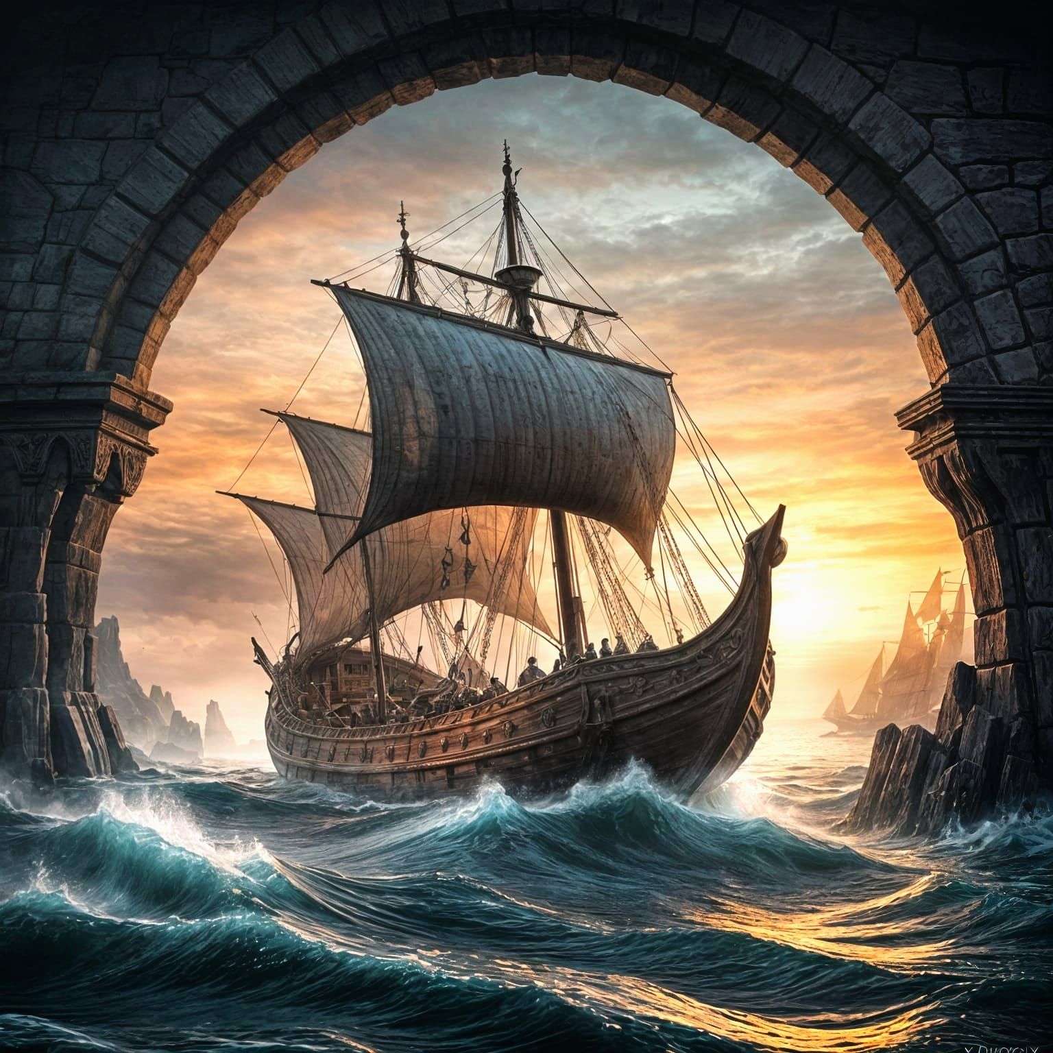 Viking Ship at Dawn in Gothic Style