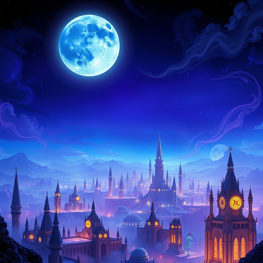 Ethereal Moonrise Over Futuristic Cityscape