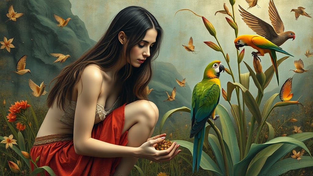 Woman with Parrots in Bio-Art Dreamscape