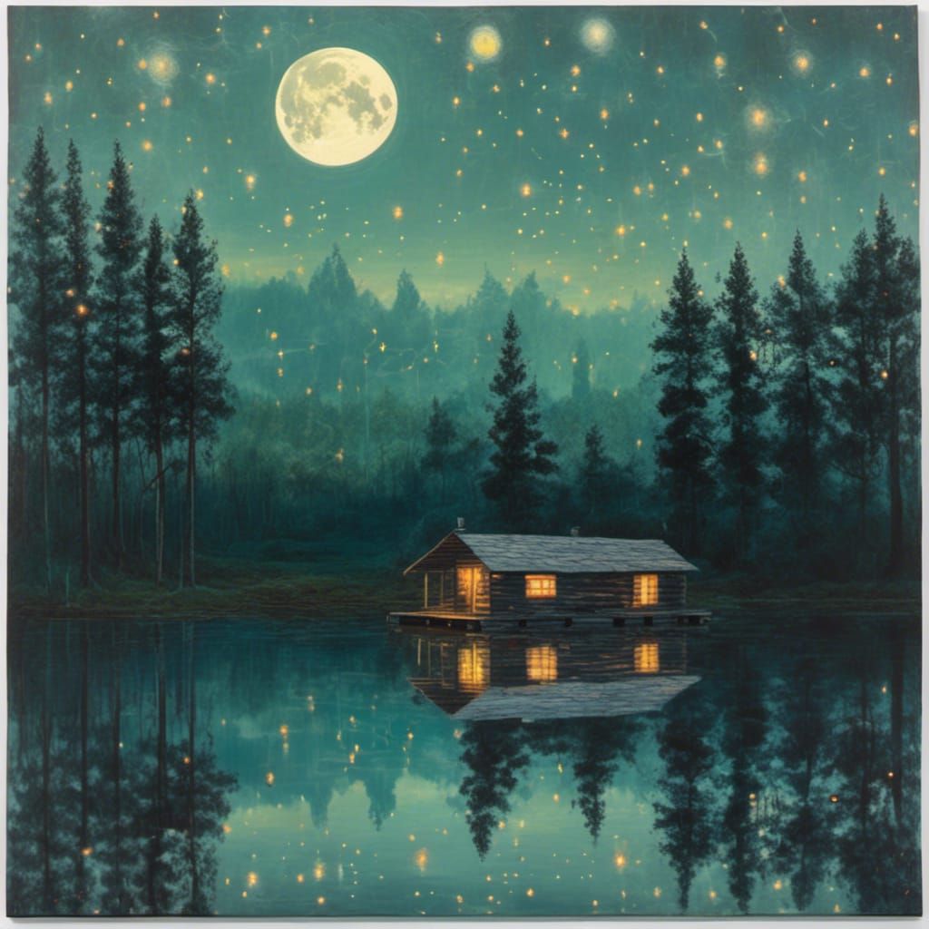 <lora:FibreOpLightPaint:1.0> A log cabin at the lake at night, moon, stars, forest