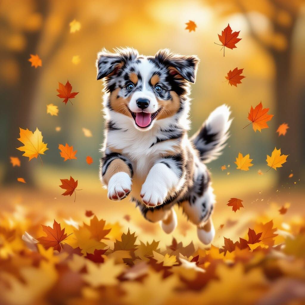 Joyful Australian Shepherd Puppy Leaping in Autumn Leaves
