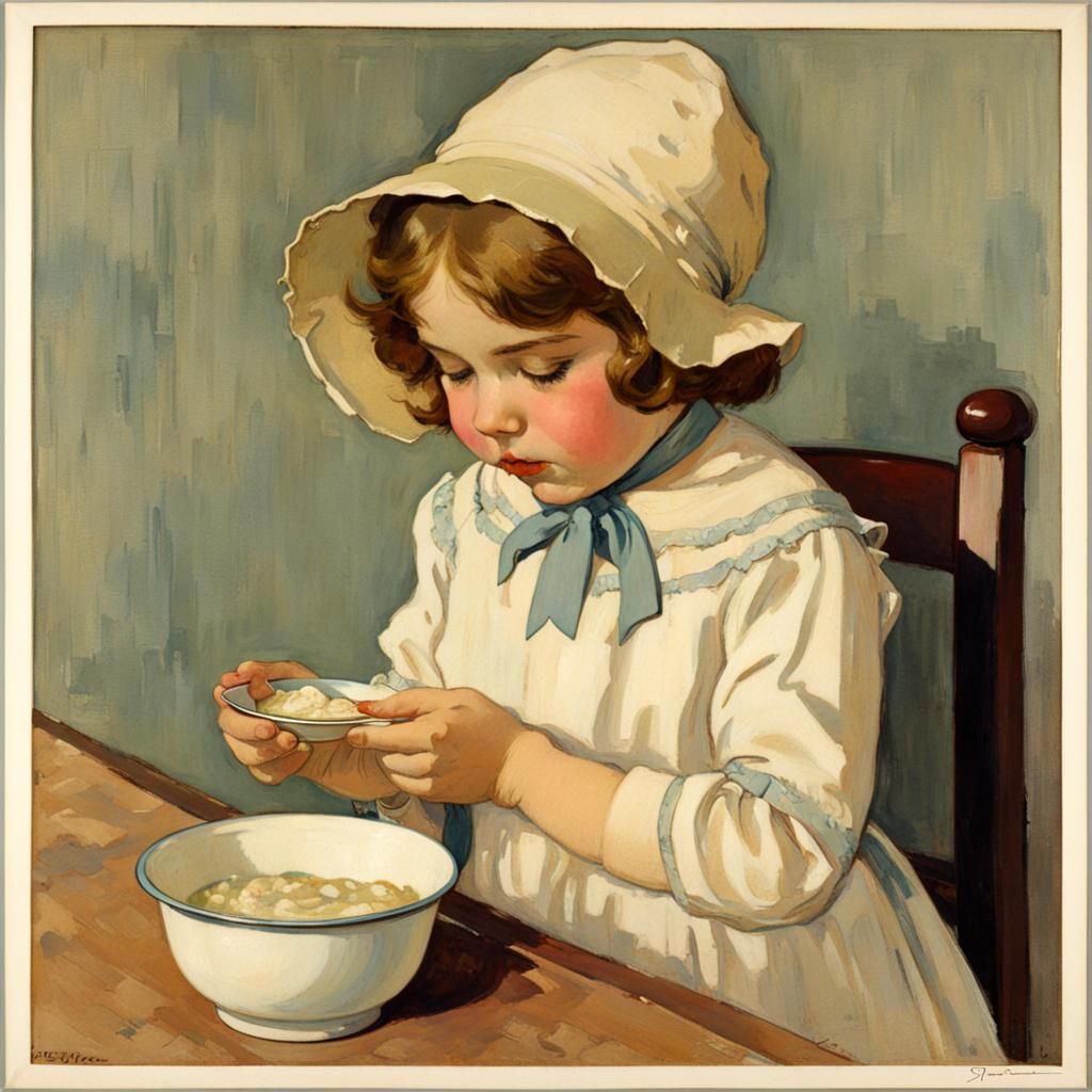 Girl in Bonnet Eating Porridge Illustration