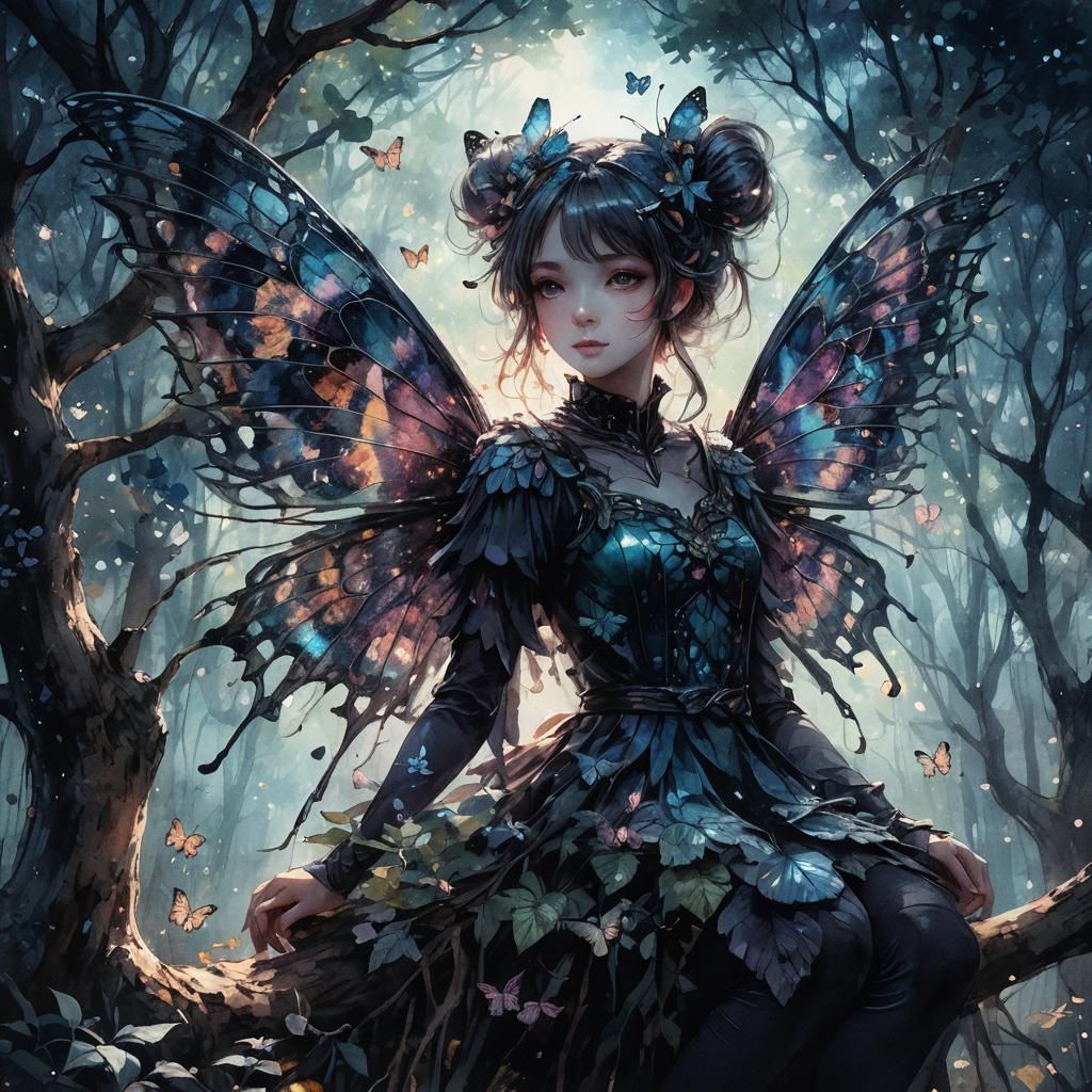 Butterfly Girl in Ethereal Forest, Acrylic Art
