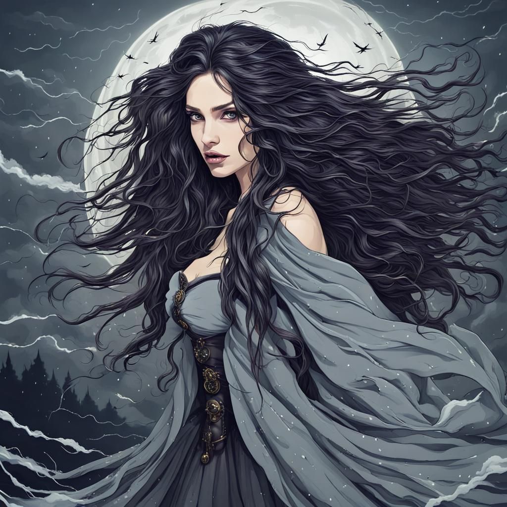 Witch with Long Hair Flying in a Storm