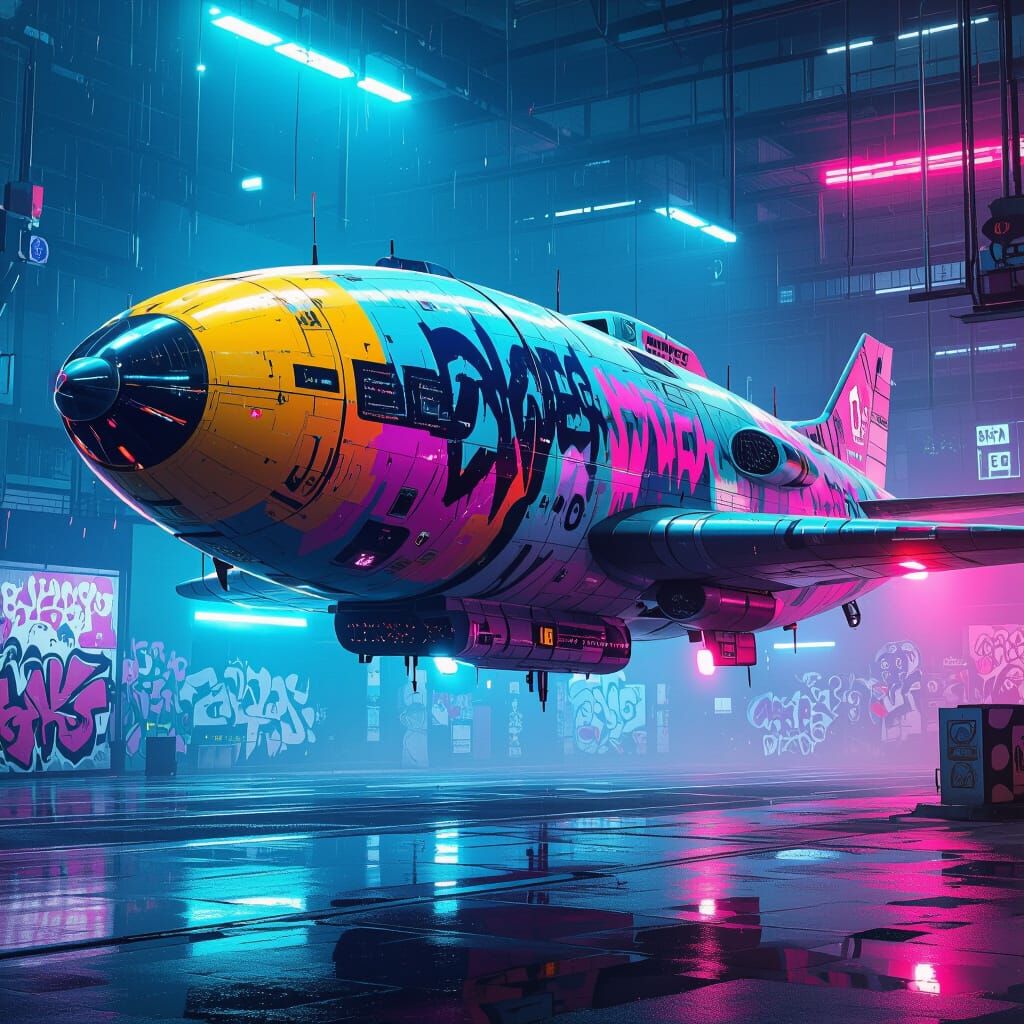 Futuristic Military Aircraft in Vaporwave Style