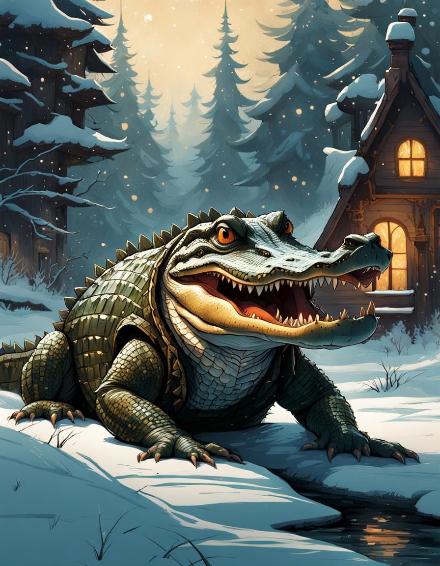 Alligator in Beanie Winter Scene Digital Painting