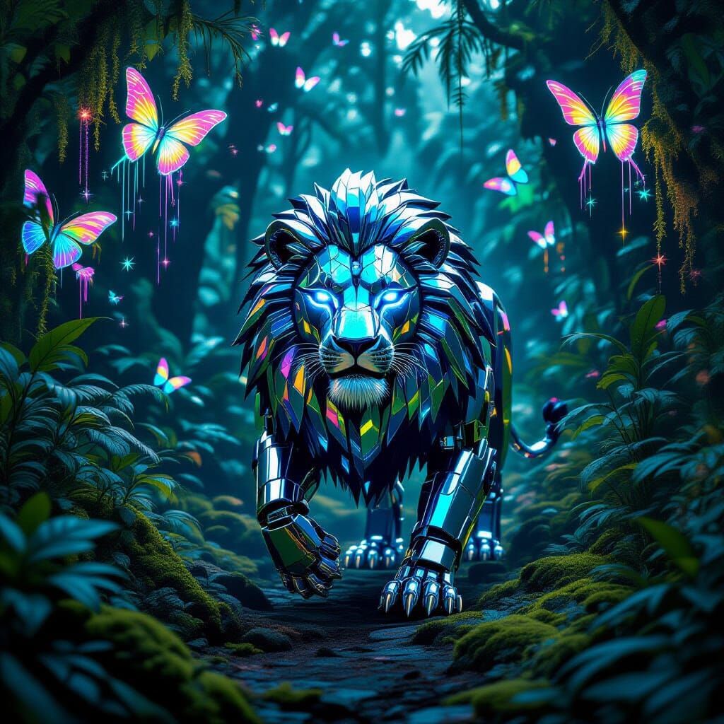Futuristic Chrome Robot Lion in Neon Jungle