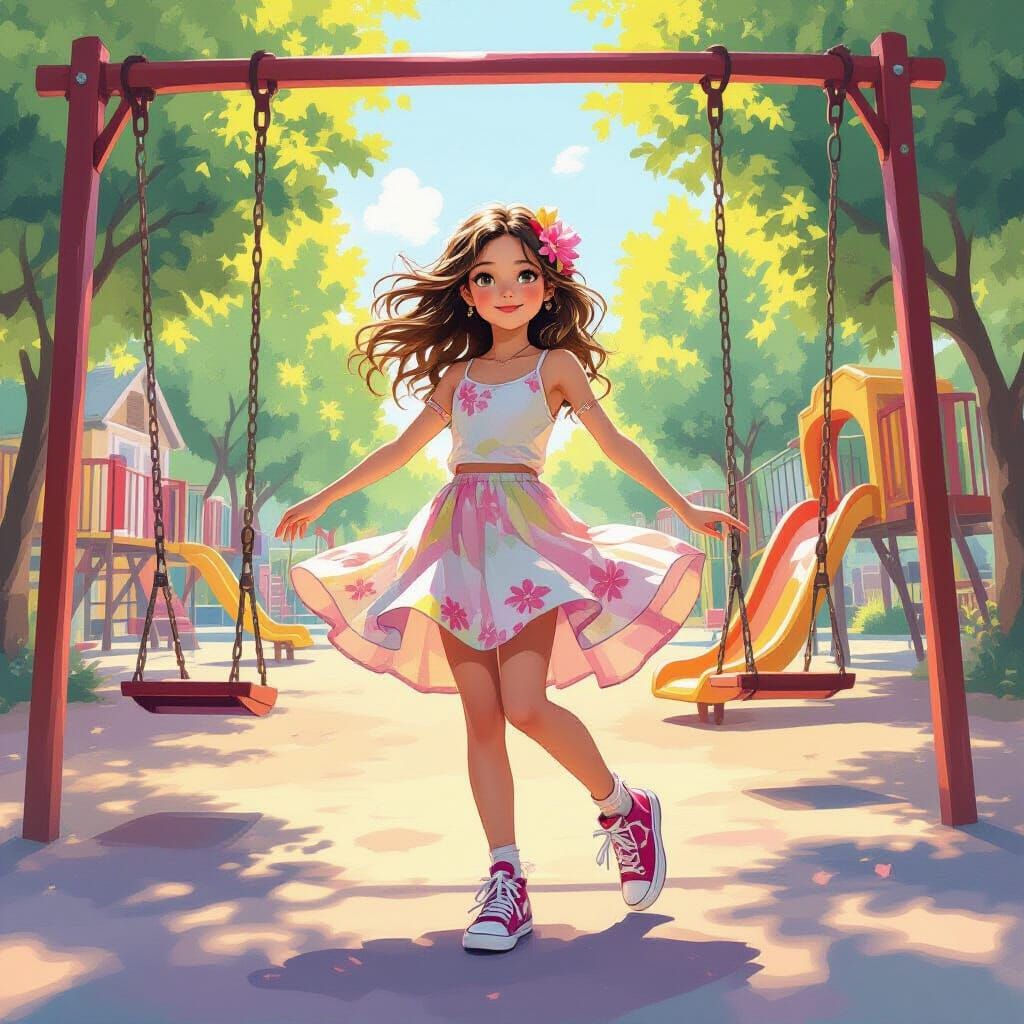 Girl Dancing in Vibrant Playground, Whimsical Digital Waterc...