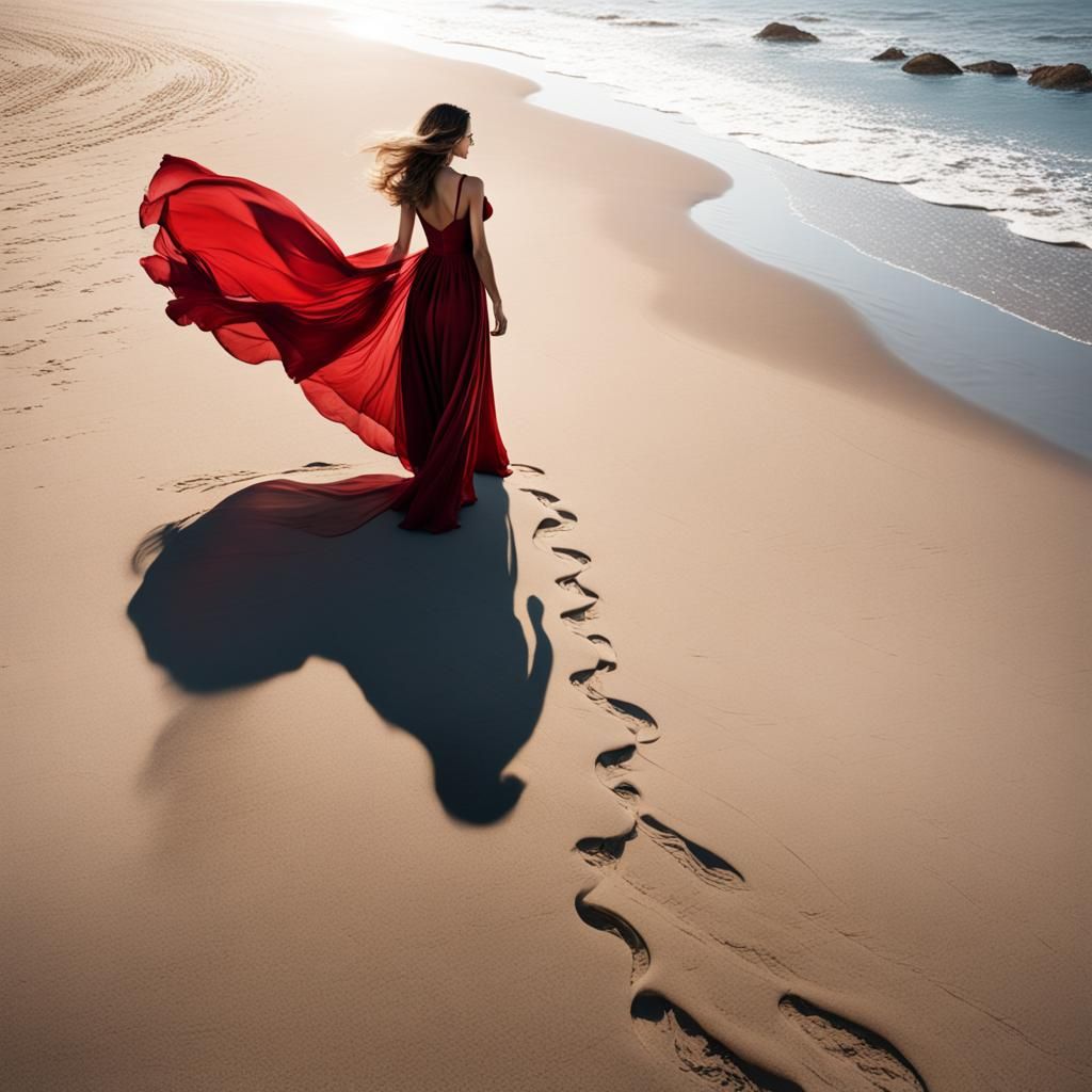 Woman in Red Dress on Windy Beach