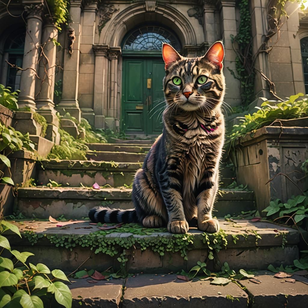 Cat in Ruined Library: Digital Art in Retrowave Style