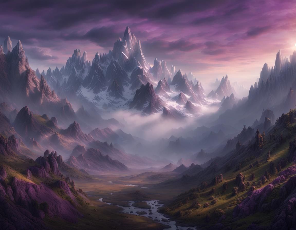 Misty Mountain Landscape in Dark Fantasy Style
