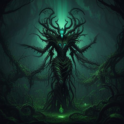 Surreal Horror Figure Emerges from Dark Fantasy Forest