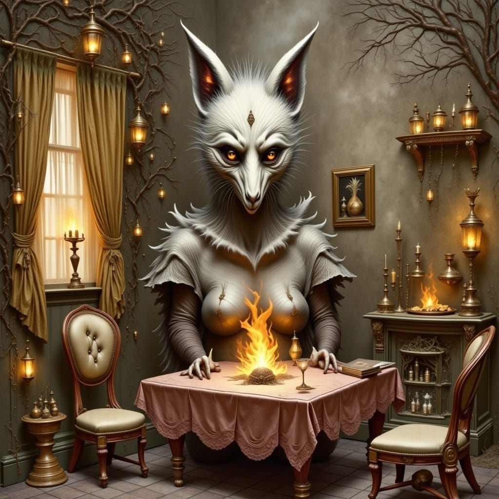 Wisp Creature Peeks Over Table in Whimsical Scene