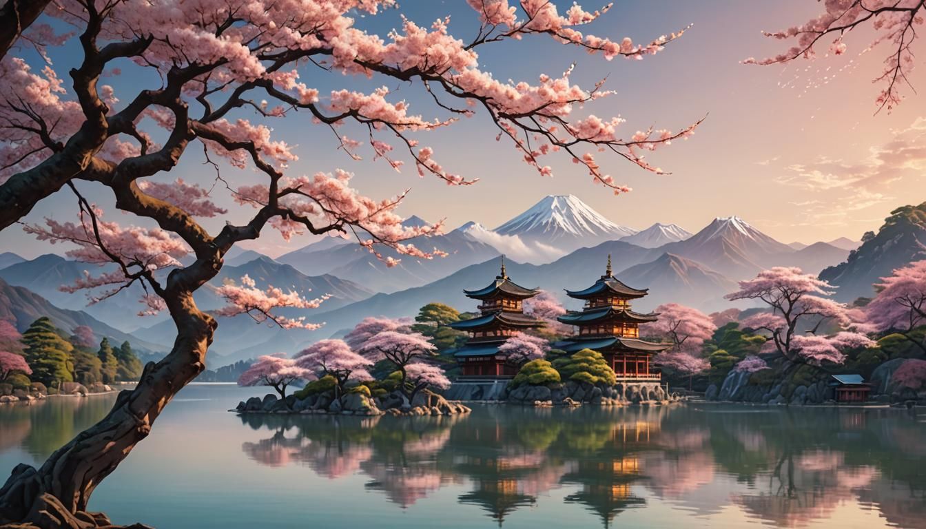 Ethereal Sakura Tree by Lake Illustration