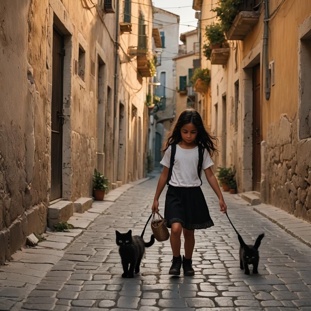 Girl and Kitten in Empty Italian Street