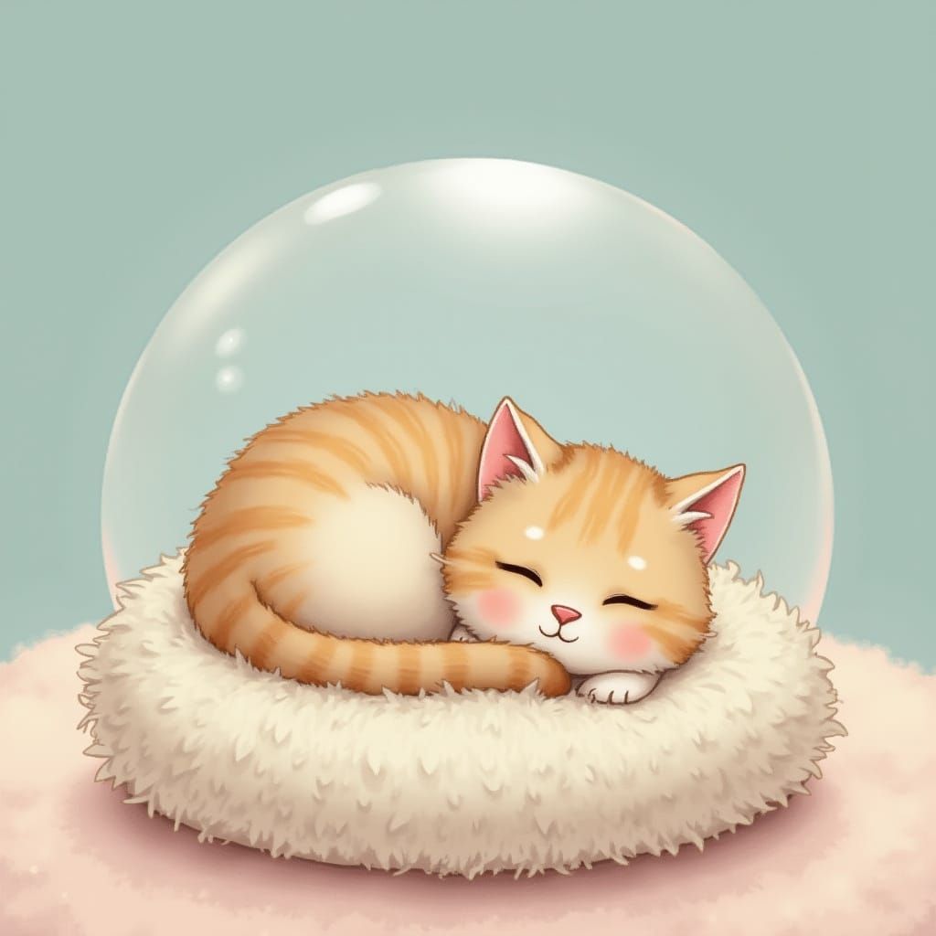 Cat Nap in a Bubble, Whimsical Pastel Art