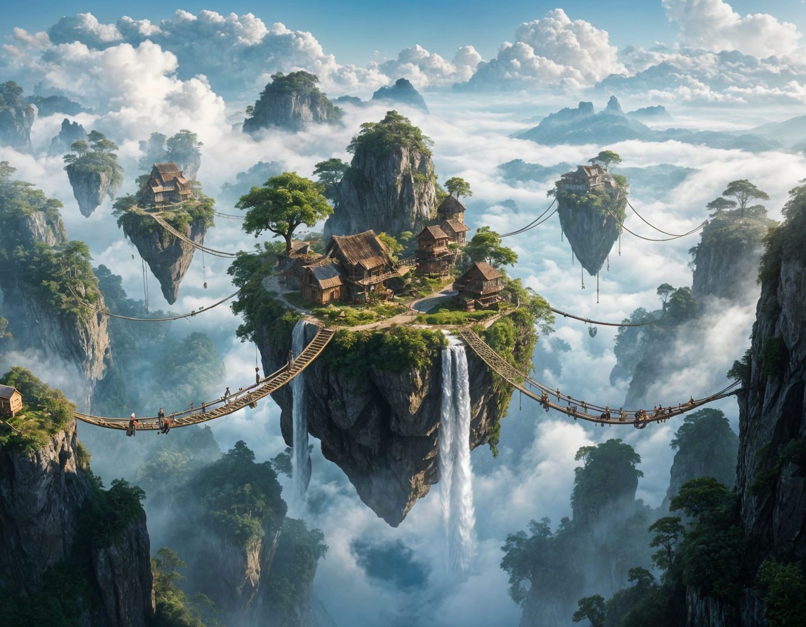 Magical Floating Islands with Villages and Waterfalls