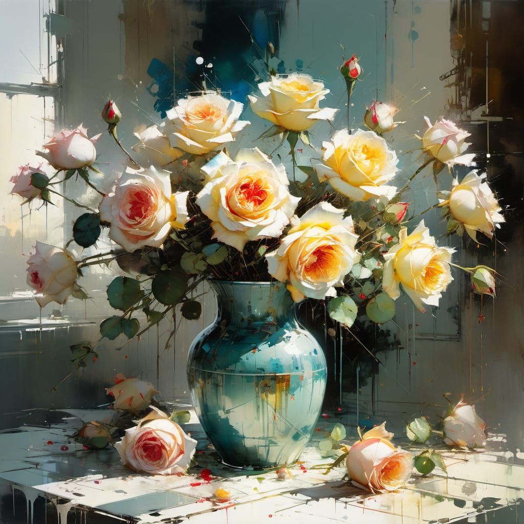 Vibrant Still Life Painting of Roses on a Breakfast Table in...