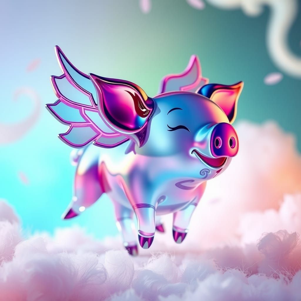 Whimsical Flying Pig Glass Figurine in HDR