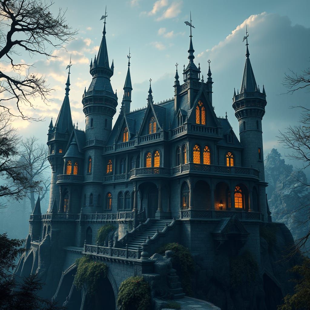 Enchanted Castle in Daylight, Gothic Fantasy 3D Anime Art