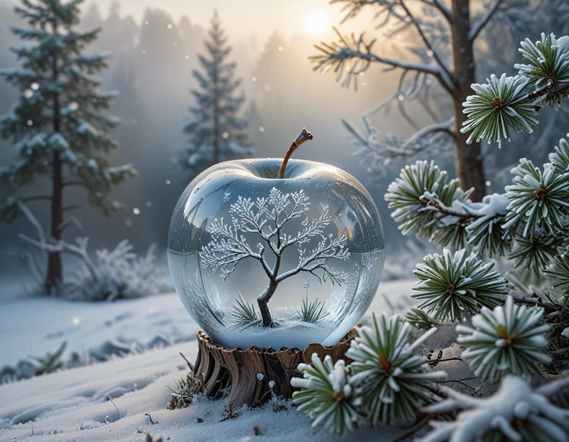Glass Apple Reveals Winter Landscape in Oil Painting