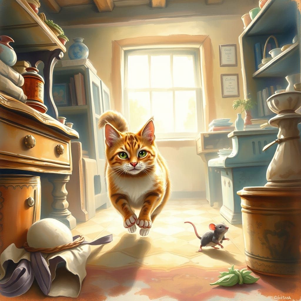 Whimsical Cat Chases Mouse in Sunlit Attic