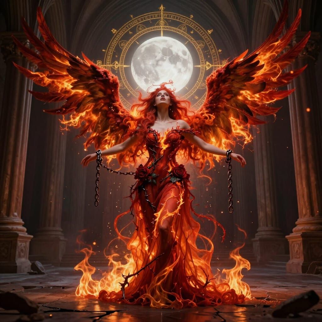 Phoenix Sorceress Triumphantly Breaking Chains in Gothic Hal...