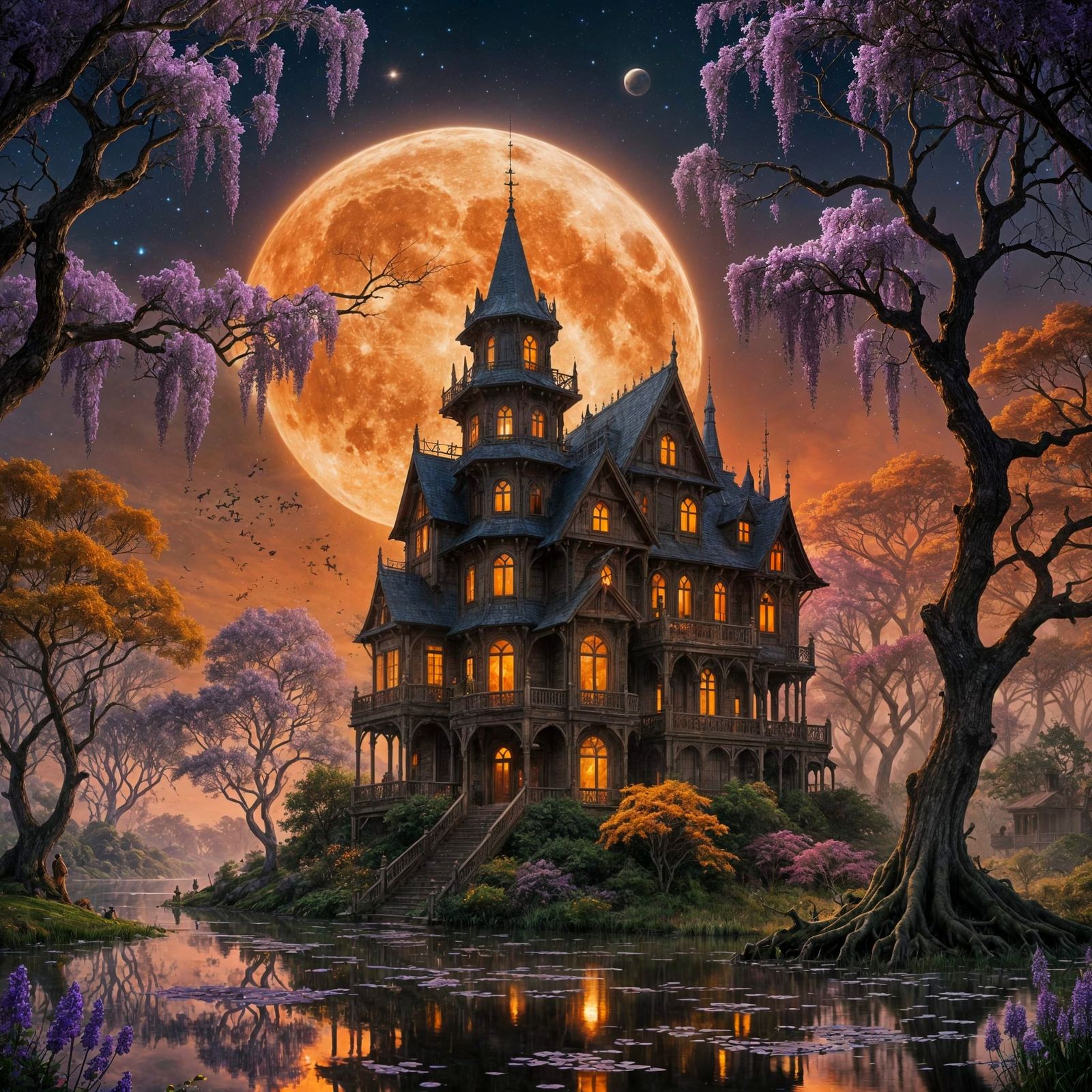 Fantasy House on Stilts Under Moonlight